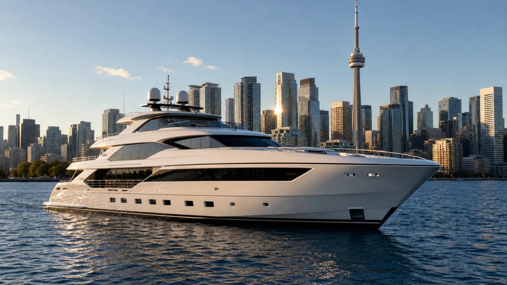 Luxury mega yacht Toronto rental on Lake Ontario with the Toronto skyline