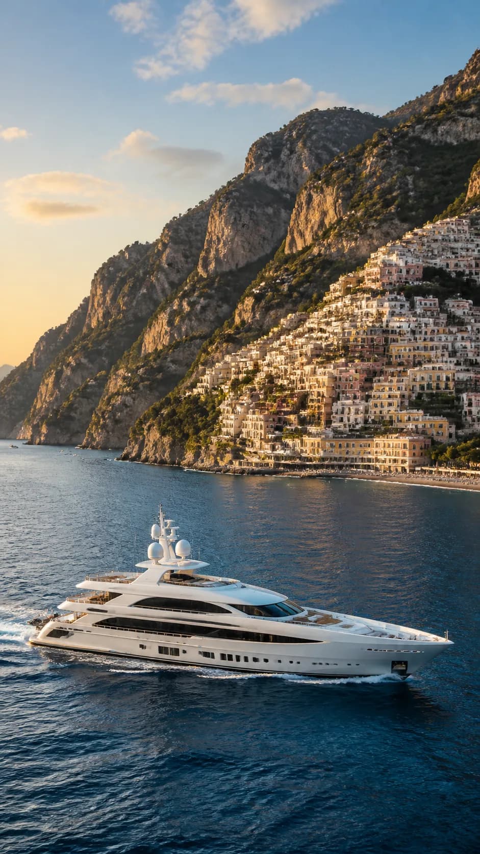 Superyacht cruising along the Worldwide at golden hour